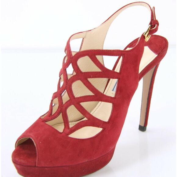 Prada Caged Red Suede Strappy Platform Open Toe Sandals - Picture 1 of 11